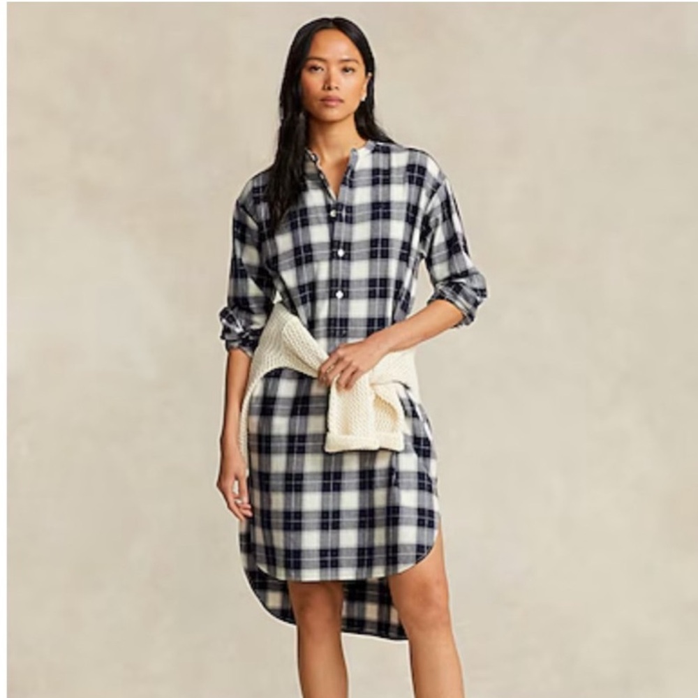 Polo Ralph Lauren Tartan Plaid Cotton Twill Shirtdress Navy Button Tunic